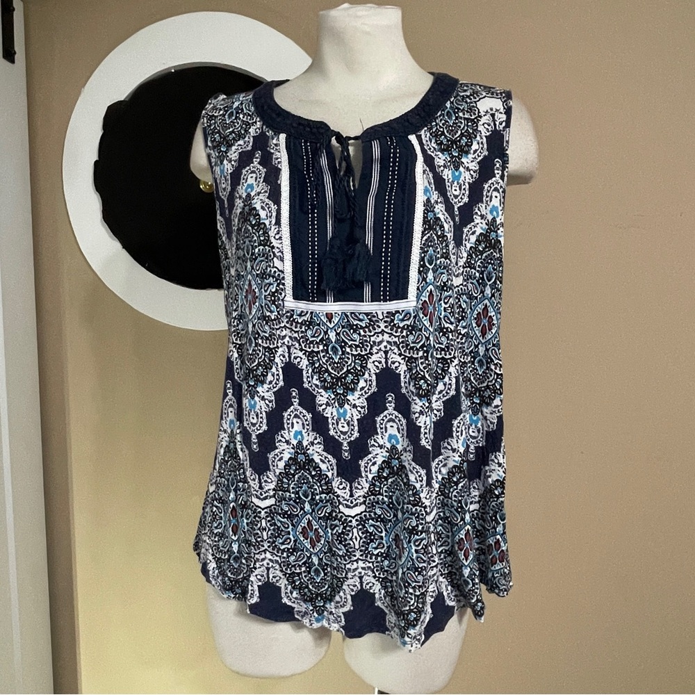 RXB Boho Sleeveless Cotton Top Tassel Tie Black Blue Red Size Large